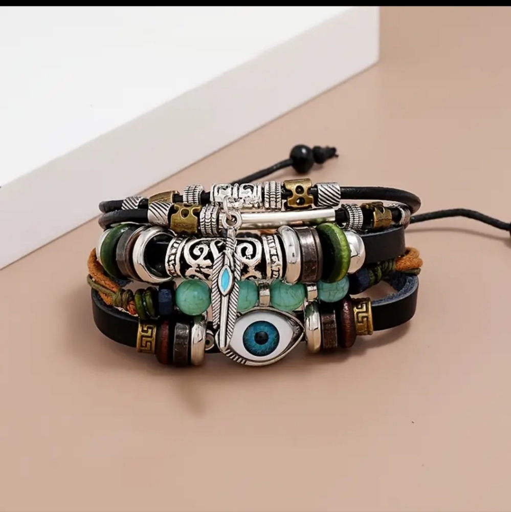 NEW Evil Eye Boho multilayer Beaded leather bracelet